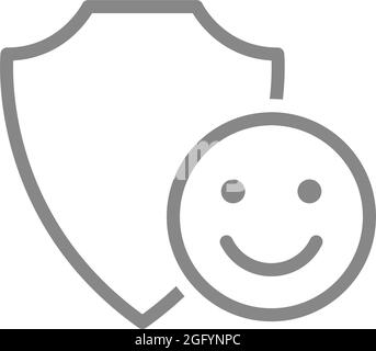 Protective shield with happy face line icon. Protection, review, positive assessment of protection system Stock Vector