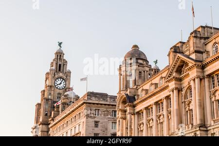 The Three Graces (made up of the Royal Liver Building, Cunard Building and Port of Liverpool Building) fill this multi image panorama on the Liverpool Stock Photo
