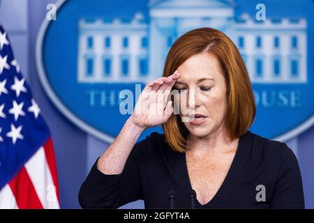 Washington, DC, USA. 27th Aug, 2021. White House Press Secretary Jen Psaki speaks to the media in the briefing room of the White House in Washington, DC, USA, 27 August 2021. Psaki took multiple questions on the on-going evacuations from Afghanistan in the wake of yesterdayâs terrorist attack at the Kabul airport. Credit: Jim LoScalzo/Pool via CNP/dpa/Alamy Live News