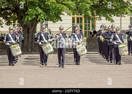 Royal Swedish army band playing music on street in Stockholm Stock Photo