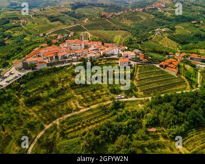 Smartno Townscape and Goriska Brda a Famous Wine Region of Slovenia Located Near Italy. Drone Aerial view. Stock Photo