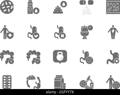 Set of Probiotic Grey Icons. Lactobacilli, Bifidobacteria, Vitamins and more. Stock Vector