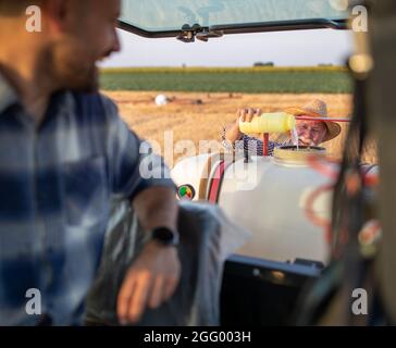 Senior farmer pouring chemicals in sprayer for crop protection in field. Younger man sitting in tractor and looking back Stock Photo