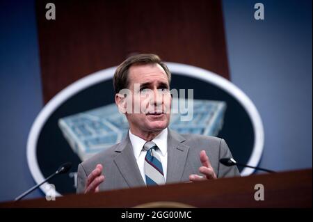 Arlington, United States Of America. 27th Aug, 2021. Pentagon Press Secretary John Kirby speaks at a press briefing on Afghanistan at the Pentagon August 27, 2021 in Arlington, Virginia. Kirby said that the Taliban released thousands of prisoners, including members of the Islamic State Khorasan terror group that attacked the Kabul evacuation. Credit: Planetpix/Alamy Live News Stock Photo