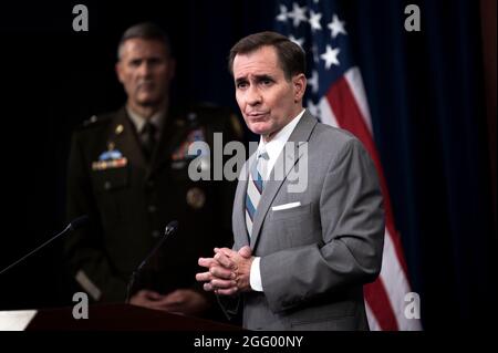 Arlington, United States Of America. 27th Aug, 2021. Pentagon Press Secretary John Kirby speaks at a press briefing on Afghanistan at the Pentagon August 27, 2021 in Arlington, Virginia. Kirby said that the Taliban released thousands of prisoners, including members of the Islamic State Khorasan terror group that attacked the Kabul evacuation. Credit: Planetpix/Alamy Live News Stock Photo