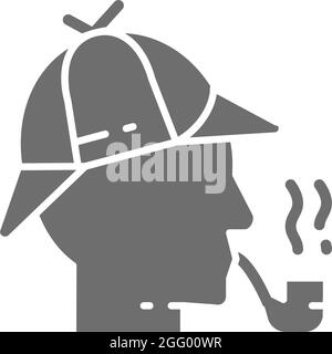 Detective, Sherlock Holmes with smoking pipe grey icon. Stock Vector