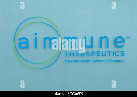 Aimmune Therapeutics sign outside headquarters in Brisbane, California; biopharmaceutical company in Silicon Valley working on food allergy treatments Stock Photo