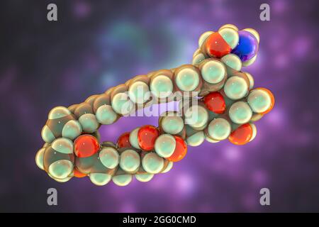 Amphotericin B antifungal drug molecule, illustration. Chemical formula is C47H73NO17. Atoms are represented as spheres: carbon (grey), hydrogen (yellow), nitrogen (blue), oxygen (red). Stock Photo