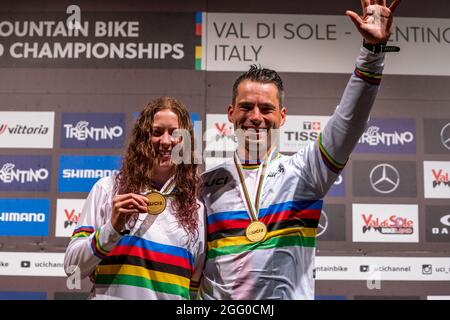 Tomas SLAVIK and Michaela HAJKOVA, both of the Czech Republic, 1st place man and woman during the 2021 MTB World Championships, Four Cross (4X), Mountain Bike cycling event on August 27, 2021 in Val Di Sole, Italy - Photo Olly Bowman / DPPI Stock Photo