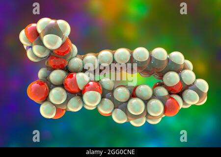 Amphotericin B antifungal drug molecule, illustration. Chemical formula is C47H73NO17. Atoms are represented as spheres: carbon (grey), hydrogen (yellow), oxygen (red). Stock Photo