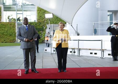 Berlin, Germany. 27th Aug, 2021. Berlin: Chancellor Angela Merkel receives the head of state Felix Tshisekedi, President of the Democratic Republic of the Congo, shortly before the conference on the “G20 Compact with Africa (CwA)” in the courtyard of the Federal Chancellery. (Photo by Simone Kuhlmey/Pacific Press) Credit: Pacific Press Media Production Corp./Alamy Live News Stock Photo