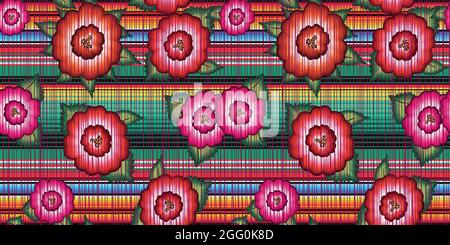 Seamless Banner Mexican floral embroidery pattern, ethnic colorful native flowers folk fashion design. Embroidered Traditional Textile Style of Mexico Stock Vector