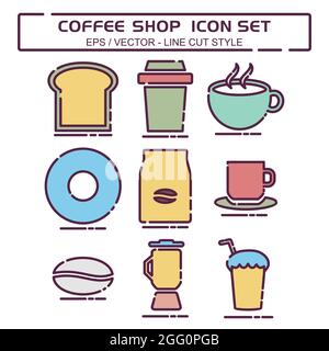 Set Icon Vector of Coffee Shop - Line Cut Style - Simple illustration, Editable stroke, Design template vector, Good for prints, posters, advertisemen Stock Vector