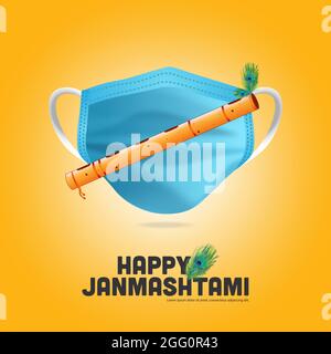 Krishna Janmashtami festival concept backgrounds with corona covid 19 safety mask with Flute Stock Vector