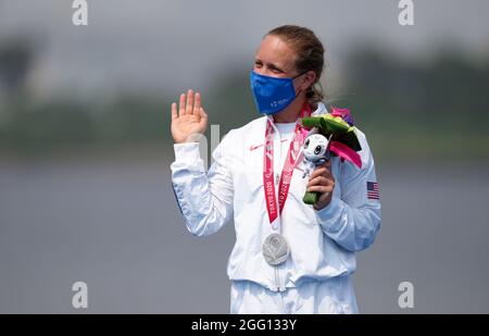 USA's Hailey Danz on the podium after winning silver in the Women's PTS2 Triathlon at the Odaiba Marine Park during day four of the Tokyo 2020 Paralympic Games in Japan. Picture date: Saturday August 28, 2021. Stock Photo