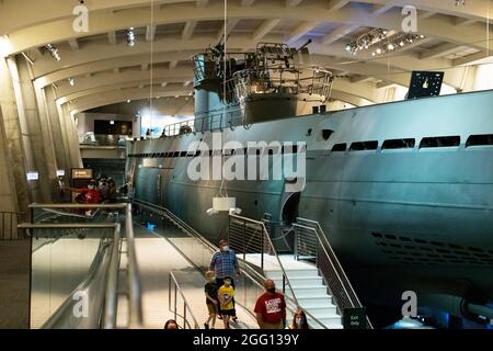 The U-505 German submarine (U-boat) on display at the Museum of Science and Industry in Chicago, Illinois, USA. Stock Photo