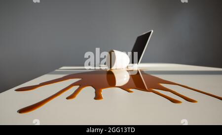Cup of black coffee spilled on laptop on white desktop. Stock Photo