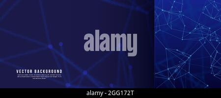 Abstract mesh in plexus style. Connected lines with glowing dots. Banner in dark blue color. Vector illustration. Stock Vector