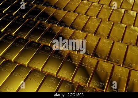 Stack close-up Gold Bars, weight of Gold Bars 1000 grams. Concept of wealth and reserve. Concept of success in business and finance. 3D Rendering