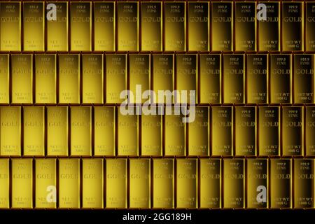 Stack close-up Gold Bars, weight of Gold Bars 1000 grams. Concept of wealth and reserve. Concept of success in business and finance. 3D Rendering