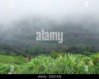 Pune , India - 20 February 2021, Lush green monsoon nature landscape mountains hills at Pune Maharashtra Stock Photo