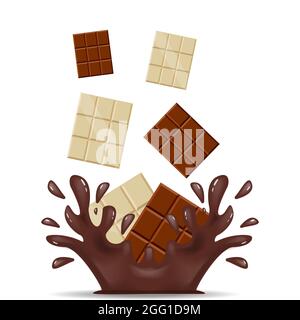 chocolate bar with a splash of chocolate on white background Stock Vector
