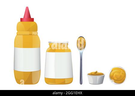 Mustard bottles and splashes set. Dijon honey sauce cream. Vector design in cartoon style for food branding. Stock Vector