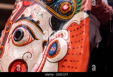 2nd August 2021. Bhaktapur, Nepal. A traditional masked dancer performs in the Nil Barahi dance festival at Bode, Thimi, Bhaktapur. Stock Photo