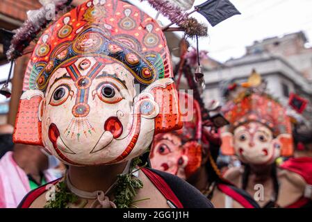 2nd August 2021. Bhaktapur, Nepal. A traditional masked dancer performs in the Nil Barahi dance festival at Bode, Thimi, Bhaktapur. Stock Photo