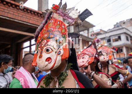 2nd August 2021. Bhaktapur, Nepal. A traditional masked dancer performs in the Nil Barahi dance festival at Bode, Thimi, Bhaktapur. Stock Photo