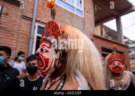 2nd August 2021. Bhaktapur, Nepal. A traditional masked dancer performs in the Nil Barahi dance festival at Bode, Thimi, Bhaktapur. Stock Photo