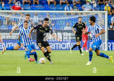 Malaga, Spain. 27th Aug, 2021. Antonio Moyano, with the ball, seen during the La Liga Smartbank 2021/2022 match between Malaga CF and AD Alcorcon at La Rosaleda Stadium, in Malaga. Final Score Malaga CF 1:0 AD Alcorcon (Photo by Francis Gonzalez/SOPA Images/Sipa USA) Credit: Sipa USA/Alamy Live News Stock Photo