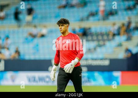 Malaga, Spain. 27th Aug, 2021. Goalkeeper Jesus Ruiz seen during the La Liga Smartbank 2021/2022 match between Malaga CF and AD Alcorcon at La Rosaleda Stadium, in Malaga. Final Score Malaga CF 1:0 AD Alcorcon Credit: SOPA Images Limited/Alamy Live News Stock Photo