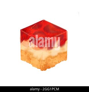 llustration of a colored drawing of sweets: a piece of jelly cake with layers of yellow and red and citrus slices in jelly on a white isolated background. High quality illustration Stock Photo