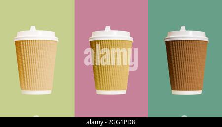 Three paper coffee cups with white lid isolated on colorful backgrounds. Stock Photo
