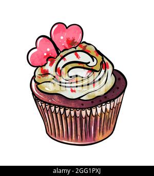 Chocolate Brown Cupcake With Pink Cream Hand Drawn In Watercolor For 