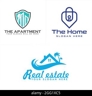 Real estate with shield home building icon line vector logo Stock Vector