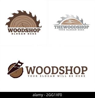 Woodworking carpentry sawmill with gear logo design Stock Vector