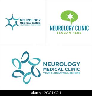 Neurology medical clinic with brain and nerve nucleus icon vector logo Stock Vector