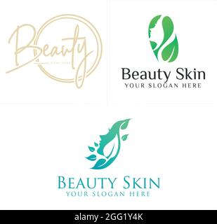 Beauty logo with icon lettering and woman hair leaf line vector Stock Vector