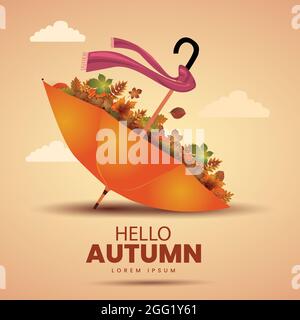 Hello Autumn. Autumn vector illustration background with orange color umbrella Stock Vector