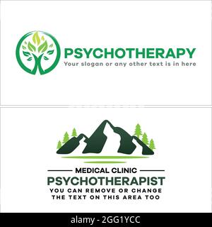 Psychotherapist with green tree leaves and mountain nature outdoor logo design  Stock Vector