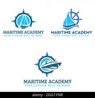 Maritime nautical academy with icon ship compass and wheel steer logo design Stock Vector