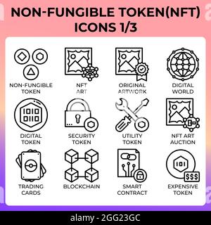 NFT - Non-fungible token icon set in modern style for ui, ux, web, app, brochure, flyer and presentation design, etc. Stock Vector