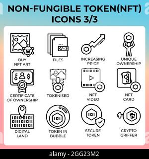 NFT - Non-fungible token icon set in modern style for ui, ux, web, app, brochure, flyer and presentation design, etc. Stock Vector