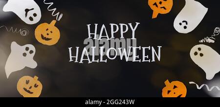 Decorative background for halloween. Funny white ghosts, orange pumpkin, bokeh and Happy Halloween inscription, text copying, flat layout, banner Stock Photo