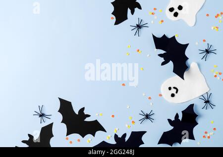 Funny Halloween, ready background for Halloween invitation with funny ghosts, spiders, bats with place for text, product advertising and presentation Stock Photo