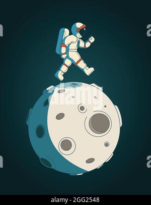 Abstract vector illustration of аstronaut (cosmonaut) in white space suit walking on moon like planet with craters. On dark blue green background Stock Vector