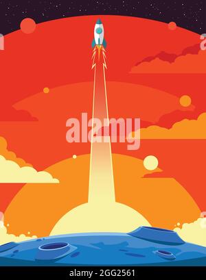 Abstract vector illustration of rocket launching from the surface of blue alien planet with craters. Yellow and orange explosion, clouds and sky Stock Vector