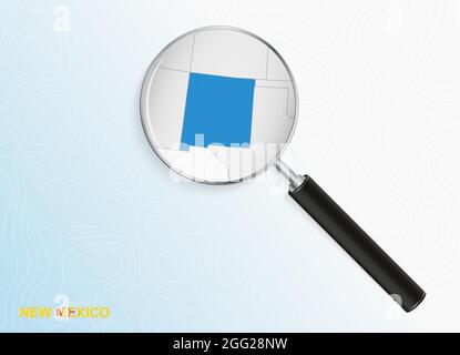 Magnifier with map of New Mexico on abstract topographic background. Vector map. Stock Vector